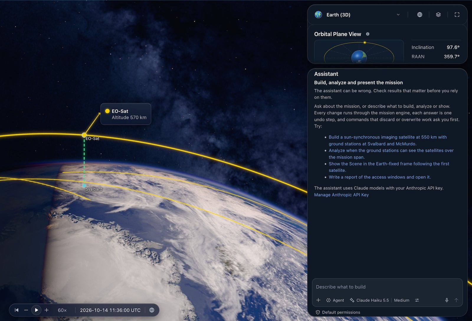 The Assistant beside the Scene of the LEO downlink example, its welcome prompts and Claude Haiku 5.5 in the model picker.