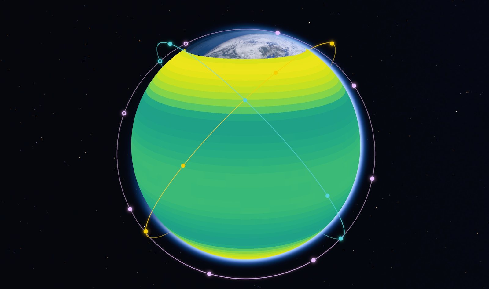 Walker coverage: 24 satellites in three planes over the revisit map between 60°S and 60°N.